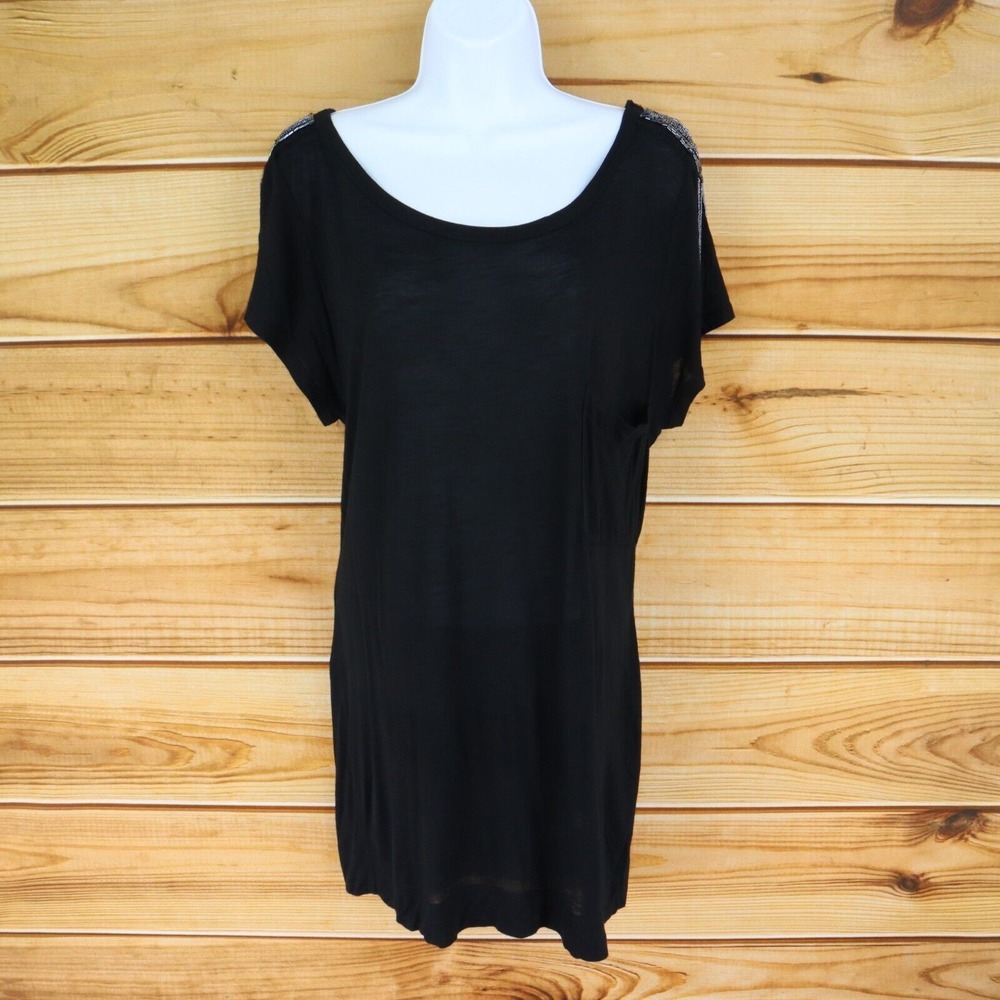 Allen‎ B Shirt Womens Size L Black 100% Rayon Sequins Tassels Short Sleeves Soft